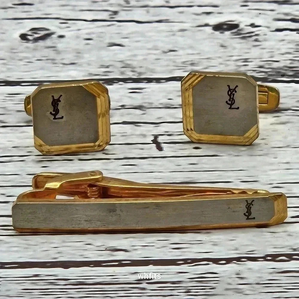 Yves Saint Laurent Gold and Matte Grey Tone Cufflinks and Tie Bar Set Vintage